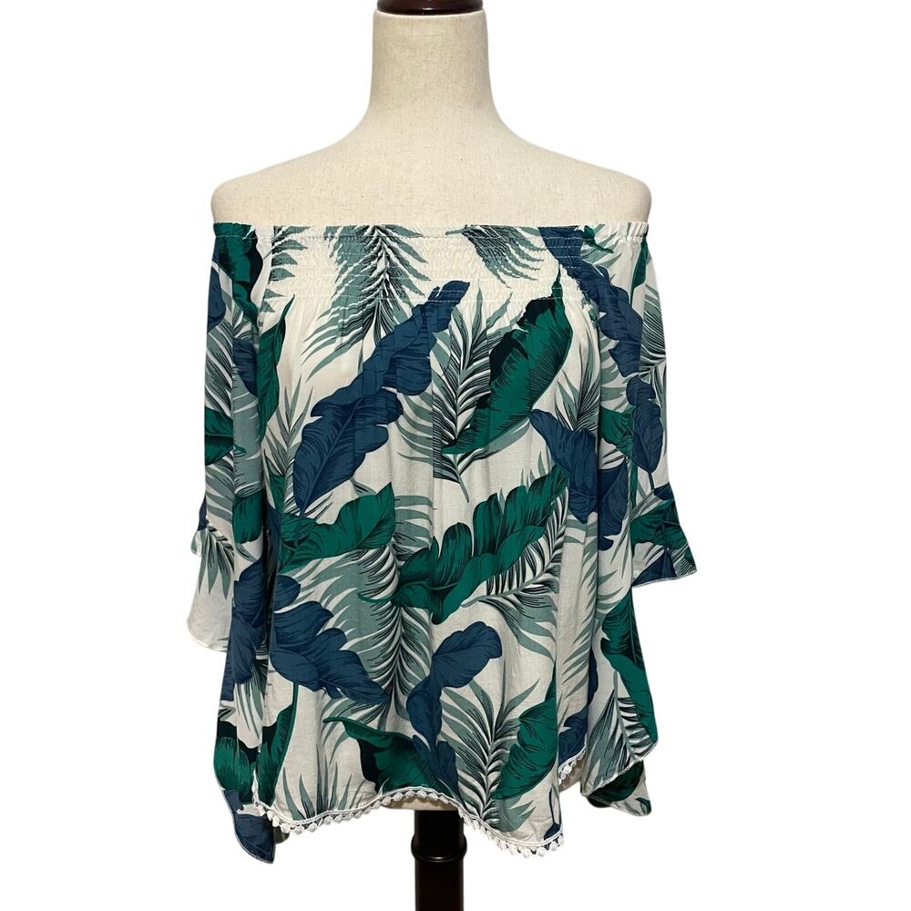 DDSOL Off Shoulder Flowy Blouse Palm Leaf Print Resort Wear Vacation Womenβs M